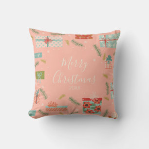 Colourful Retro Christmas Gift Box Holiday Cushion