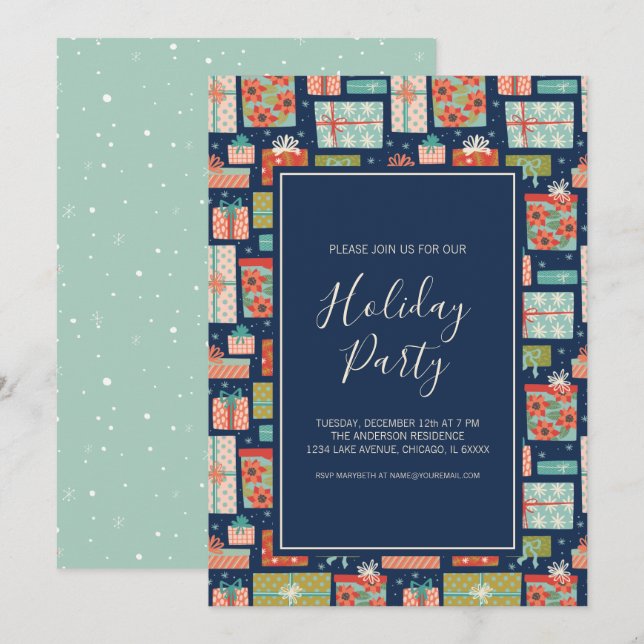 Colourful Retro Christmas Gift Box Holiday Party Invitation (Front/Back)