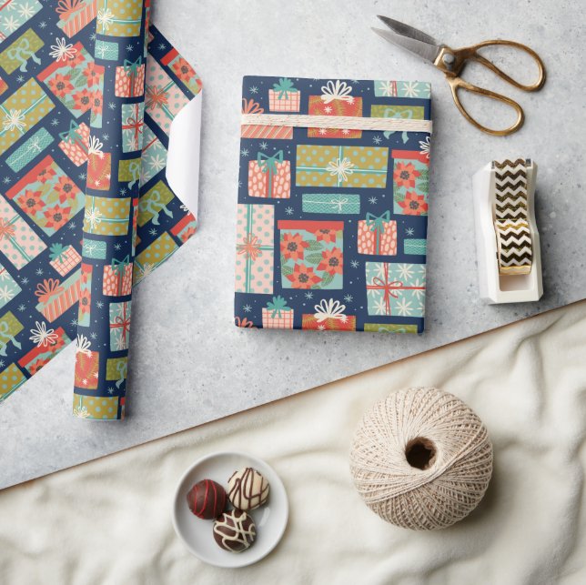 Colourful Retro Christmas Gift Box Holiday Wrapping Paper (Crafts)