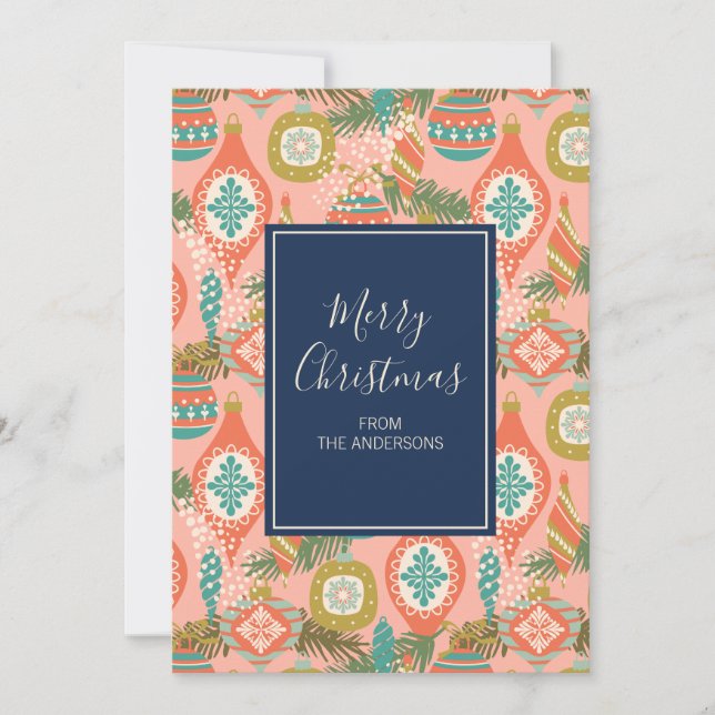 Colourful Retro Christmas Ornaments Holiday Card (Front)