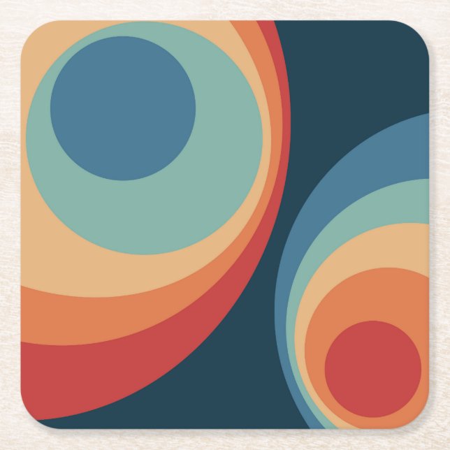 Colourful retro circles design square paper coaster (Front)