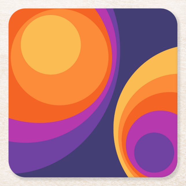 Colourful retro circles design  square paper coaster (Front)