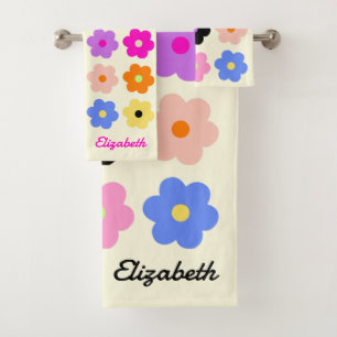 Colourful Retro Daisies BOHO Chic Minimalist Name Bath Towel Set