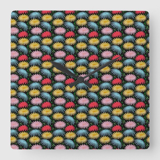 Colourful Retro Daisy Floral Pattern Whimsical  Square Wall Clock (Front)