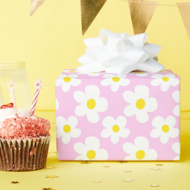 Colourful Retro Daisy Floral Pink Wrapping Paper (Birthday Party)