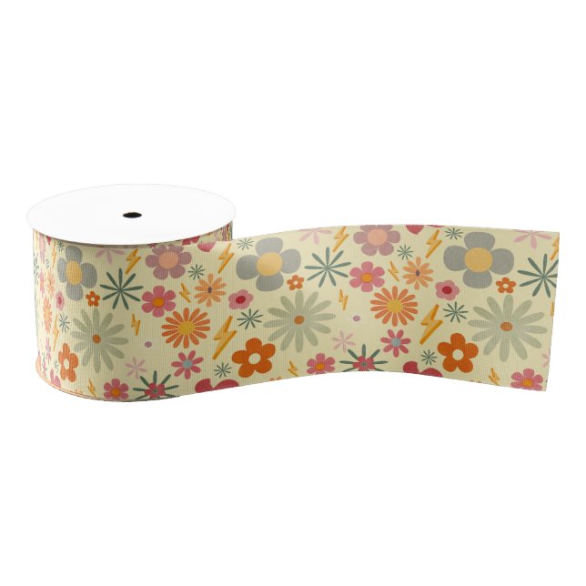 Colourful Retro Daisy Flowers design pattern Ribbo Grosgrain Ribbon (Spool)