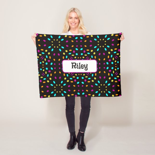 Colourful retro dots 80s inspired black fleece blanket (In Situ)