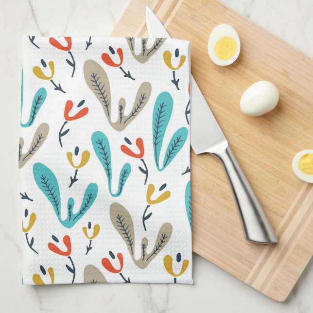 Colourful Retro Fall Flowers & Botanical Tea Towel (Quarter Fold)