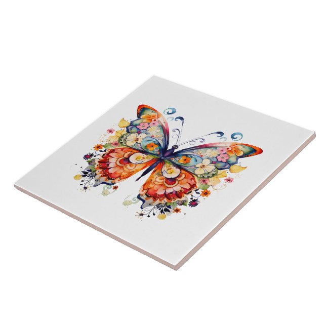 Colourful retro floral butterfly tile (Side)