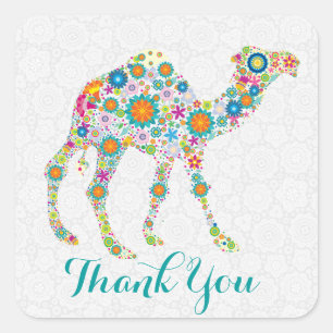 Colourful Retro Floral Camel Thank You Square Sticker