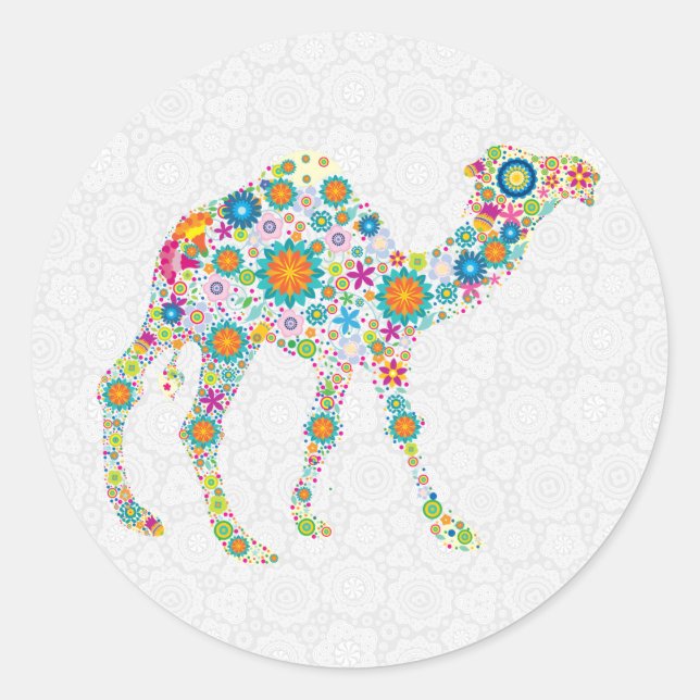 Colourful Retro Floral Camel & White Damasks 2 Classic Round Sticker (Front)