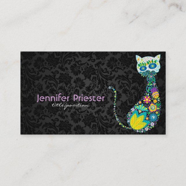 Colourful Retro Floral Cat & Black Damasks Business Card (Front)