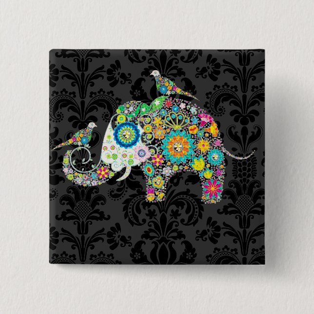 Colourful Retro Floral Elephant & Birds 15 Cm Square Badge (Front)
