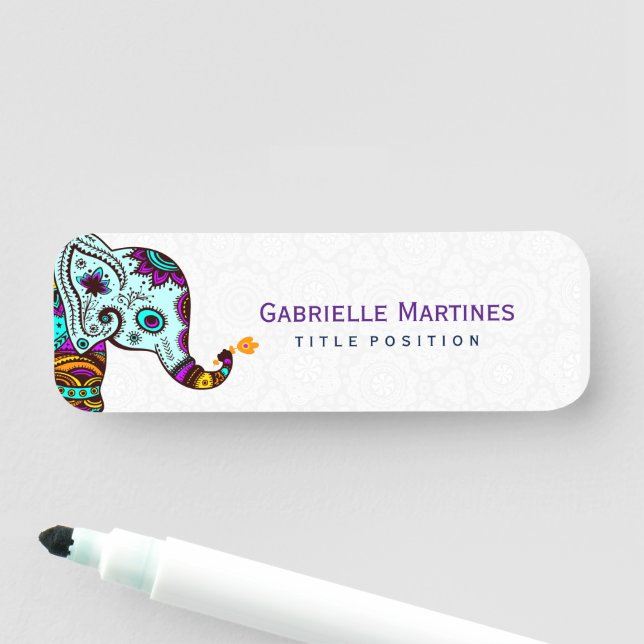 Colourful Retro Floral Elephant & Black Background Name Tag (In Situ)