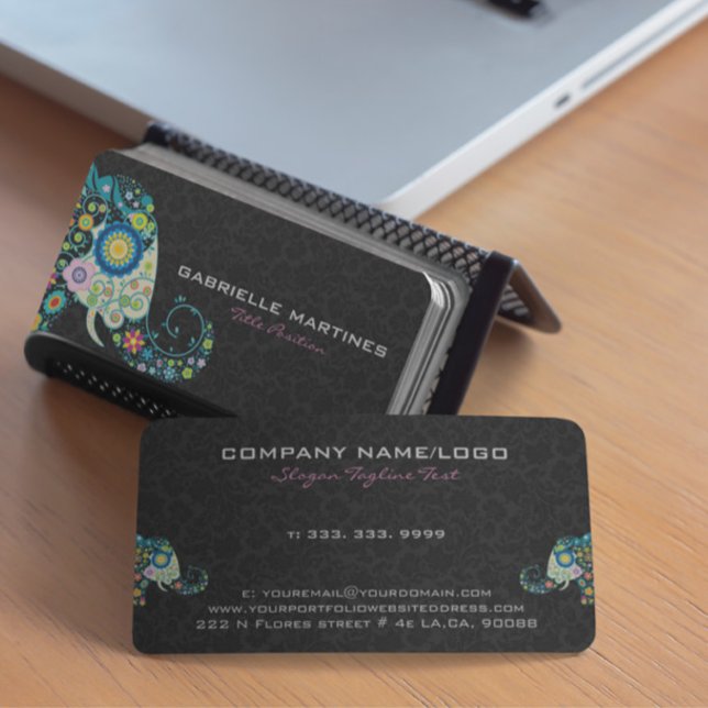 Colourful Retro Floral Elephant & Black Damasks Business Card (Creator Uploaded)