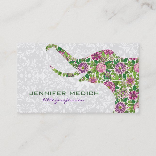 Colourful Retro Floral Elephant Business Card (Front)