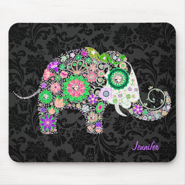 Colourful Retro Floral Elephant & Diamonds 3 Mouse Mat (Front)