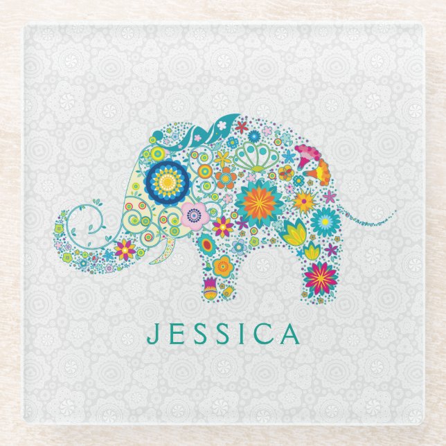 Colourful Retro Floral Elephant Illustration Glass Coaster (Front)