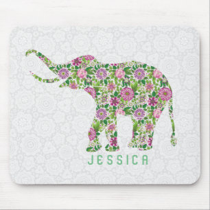 Colourful Retro Floral Elephant  On White Mouse Mat