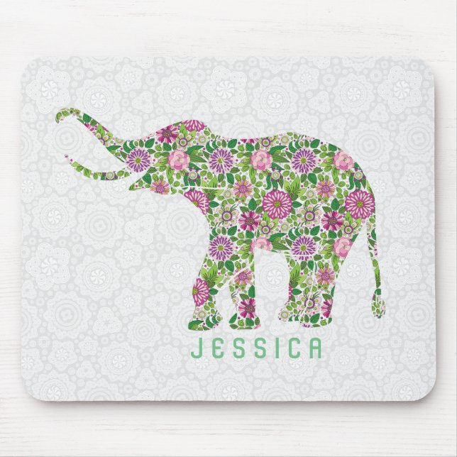 Colourful Retro Floral Elephant  On White Mouse Mat (Front)