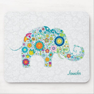 Colourful Retro Floral Elephant & White Damasks Mouse Mat