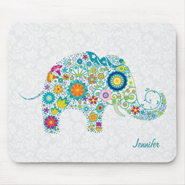 Colourful Retro Floral Elephant & White Damasks Mouse Mat (Front)