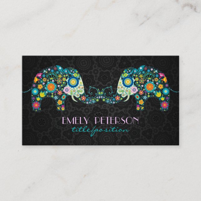 Colourful Retro Floral Elephants & Black Damasks Business Card (Front)
