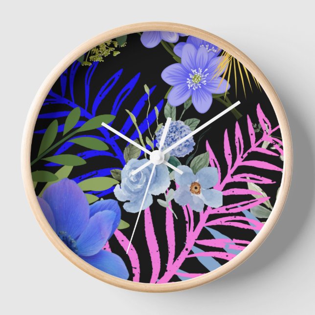 Colourful Retro Floral Fern Botanical Foliage  Clock (Front)
