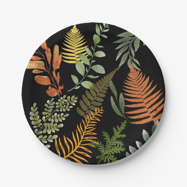 Colourful Retro Floral Fern Botanical Foliage  Paper Plate (Front)