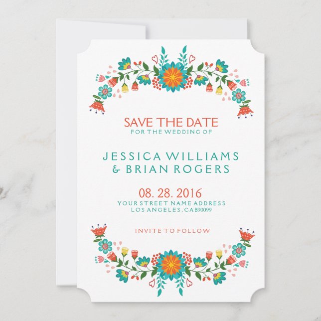 Colourful Retro Floral Frame Save the Date (Front)