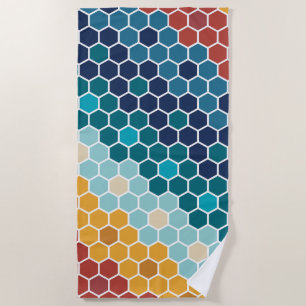 Colourful Retro Floral Mosaic Hexagon Pattern Beach Towel