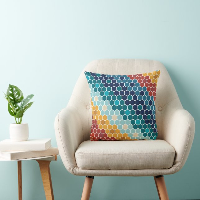 Colourful Retro Floral Mosaic Hexagon Pattern Cushion (Chair)