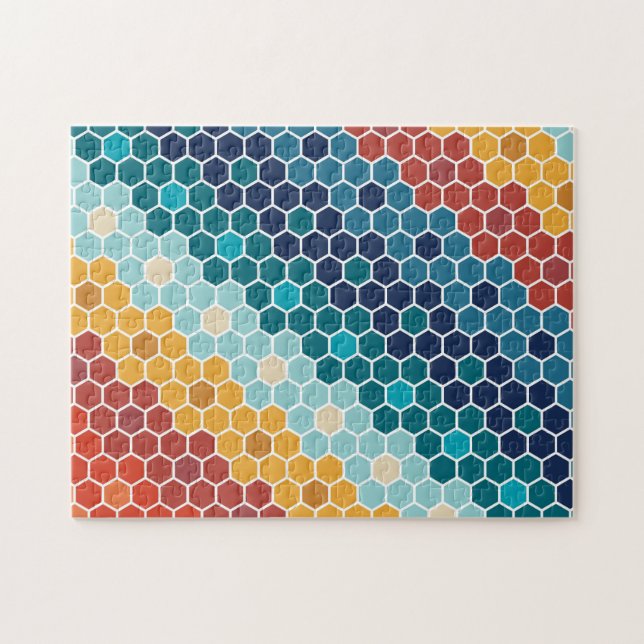Colourful Retro Floral Mosaic Hexagon Pattern Jigsaw Puzzle (Horizontal)