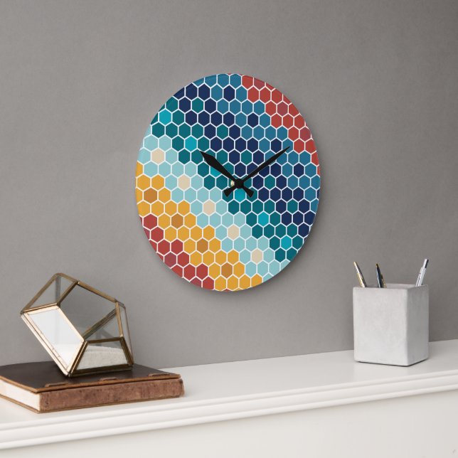 Colourful Retro Floral Mosaic Hexagon Pattern Large Clock (Office)