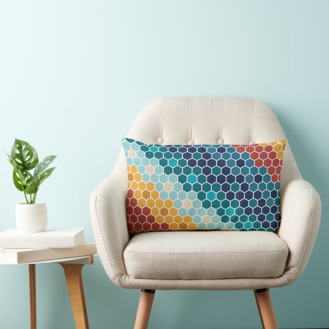 Colourful Retro Floral Mosaic Hexagon Pattern Lumbar Cushion (Chair)