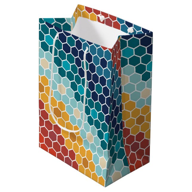 Colourful Retro Floral Mosaic Hexagon Pattern Medium Gift Bag (Front Angled)