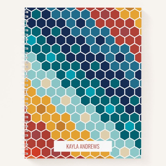 Colourful Retro Floral Mosaic Hexagon Pattern Notebook (Front)