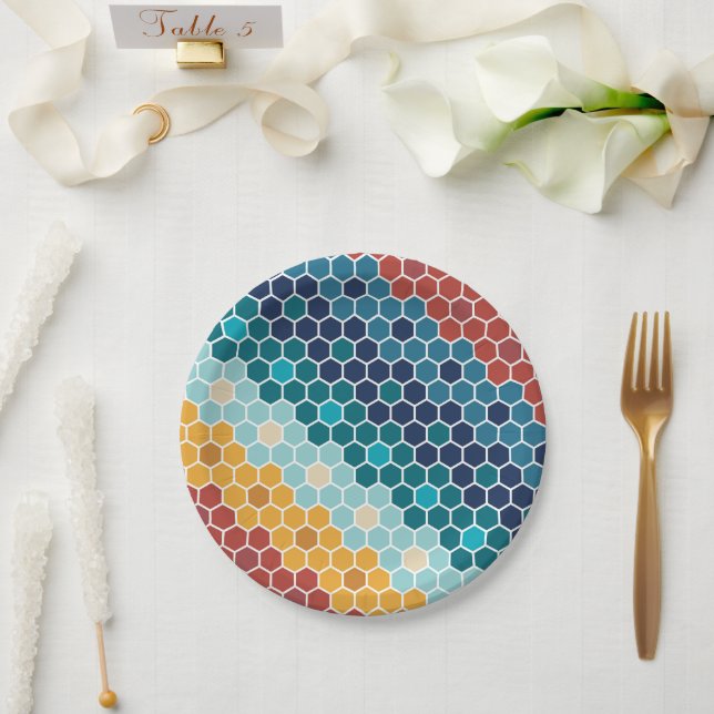 Colourful Retro Floral Mosaic Hexagon Pattern Paper Plate (Wedding)