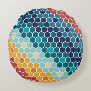 Colourful Retro Floral Mosaic Hexagon Pattern Round Cushion