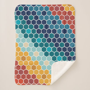 Colourful Retro Floral Mosaic Hexagon Pattern Sherpa Blanket