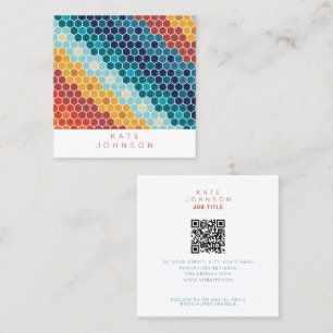 Colourful Retro Floral Mosaic Hexagon QR Code Square Business Card