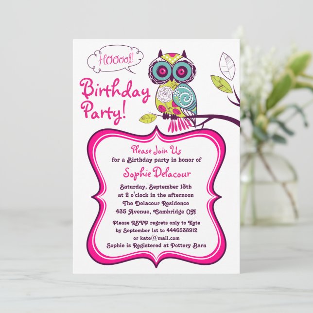 Colourful Retro Floral Owl Kids Birthday Party Invitation (Standing Front)