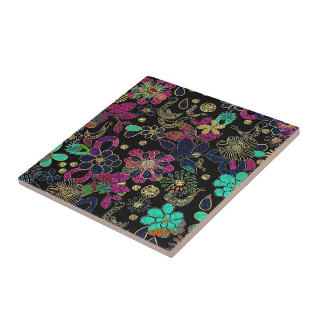 Colourful Retro Floral Pattern-Gold Accents Tile (Side)
