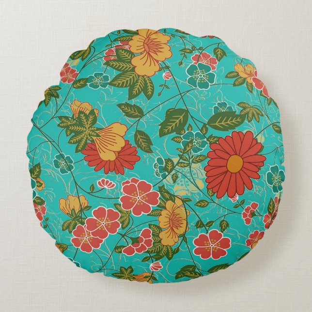 Colourful Retro Floral Pattern Round Cushion (Front)