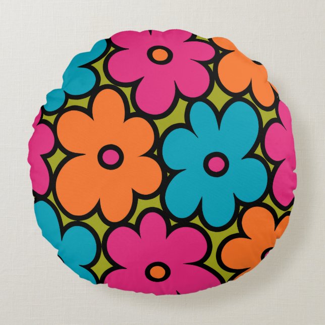 Colourful Retro Floral Pattern Round Cushion (Front)