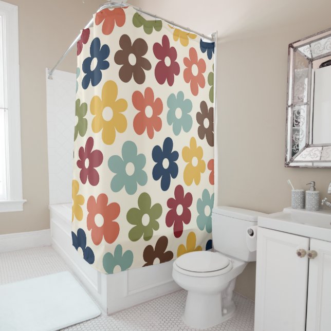 Colourful Retro Floral Pattern Shower Curtain (In Situ)
