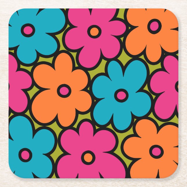 Colourful Retro Floral Pattern Square Paper Coaster (Front)