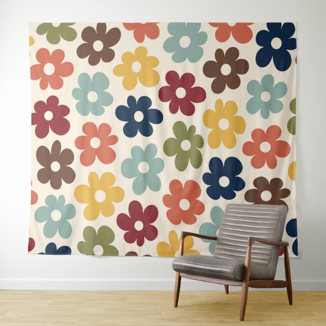Colourful Retro Floral Pattern Tapestry (In Situ (Horizontal))
