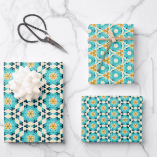 Colourful Retro Floral Pattern with Layered Blooms Wrapping Paper Sheet