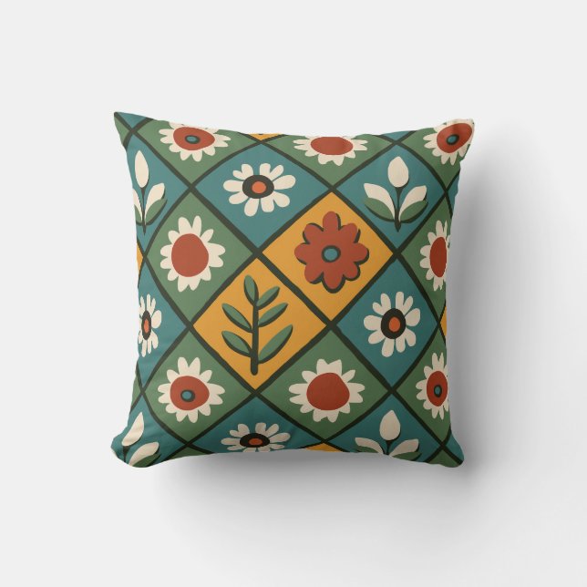 Colourful Retro Floral Pillow (Front)